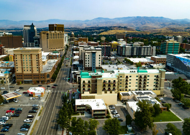 Ariel shot overlooking Capital Blvd in Downtown Boise